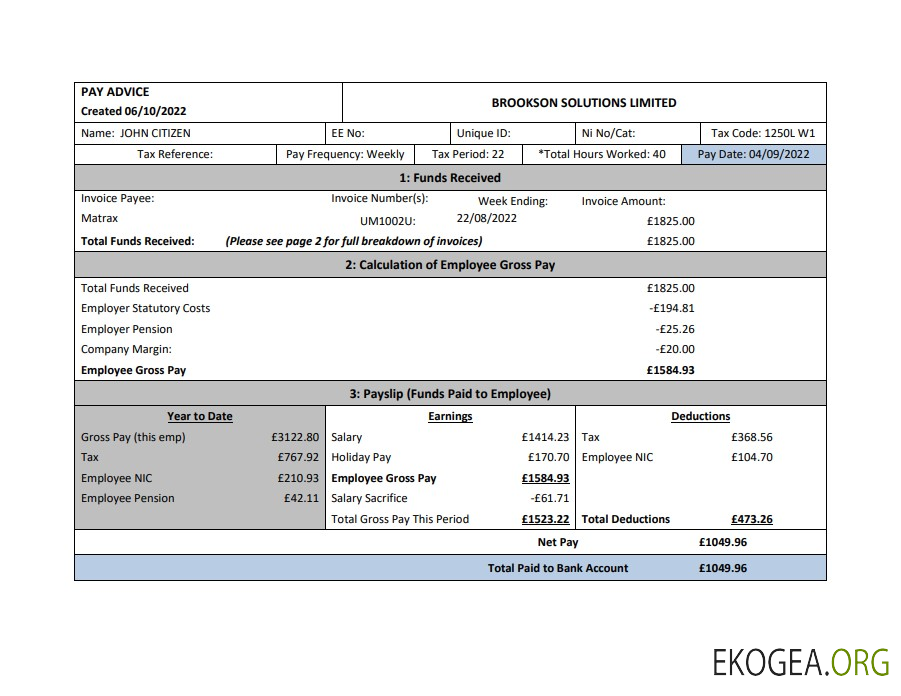 États Unis Brookson solutions fiche de paie limitée
